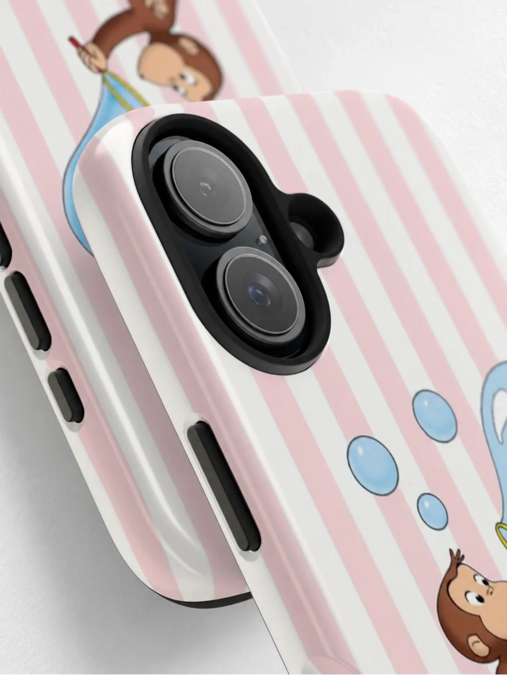 Curious George Bubbles Pink Striped Coquette Aesthetic Tough Phone Case